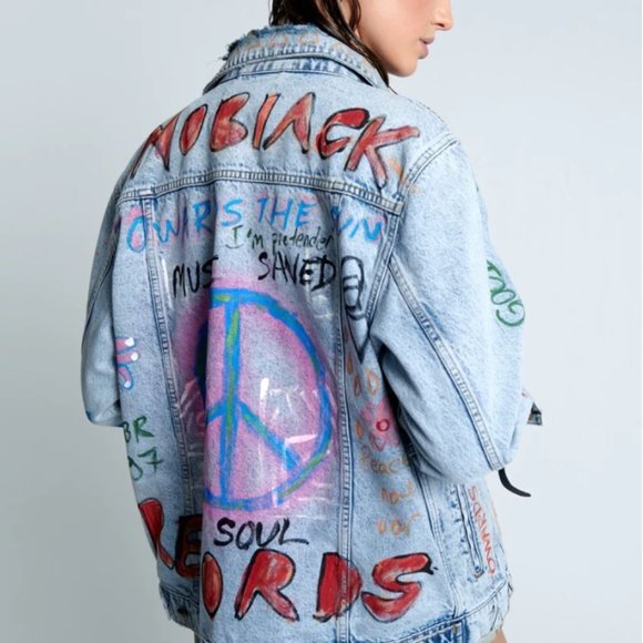 ONETEASPOON Womens Epic Records Graffiti Denim Jacket - Blue Denim - Picture 9 of 10